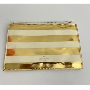 Kate Spade New York Metallic Gold Cream Striped Zip Pouch Clutch Makeup Bag